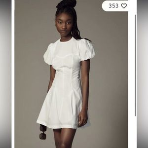 Anthropologie Maeve Puff Sleeve Pleated corset seamed mini Dress white